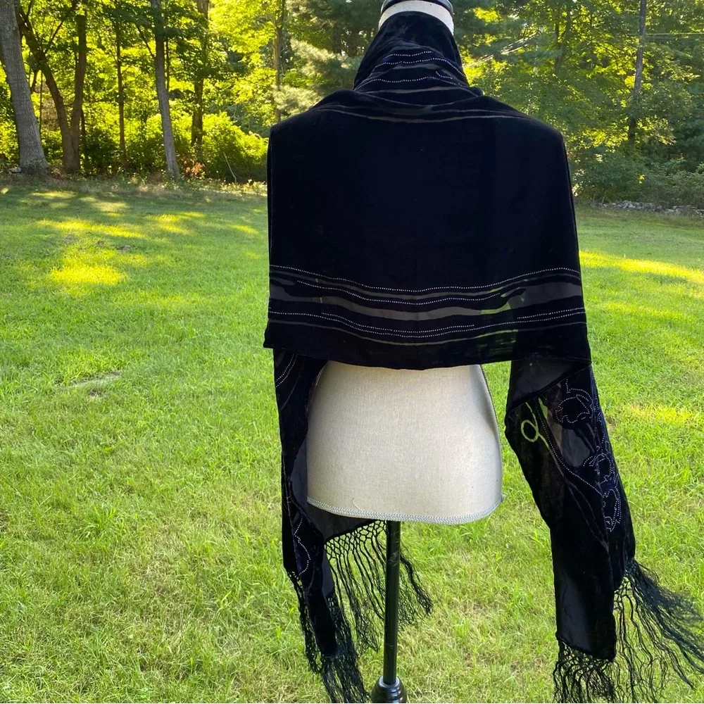 SCARF BLACK VELOUR BURN OUT FLORAL SILVER DOT ACCENT LONG FRINGE ENDS RECTANGLE